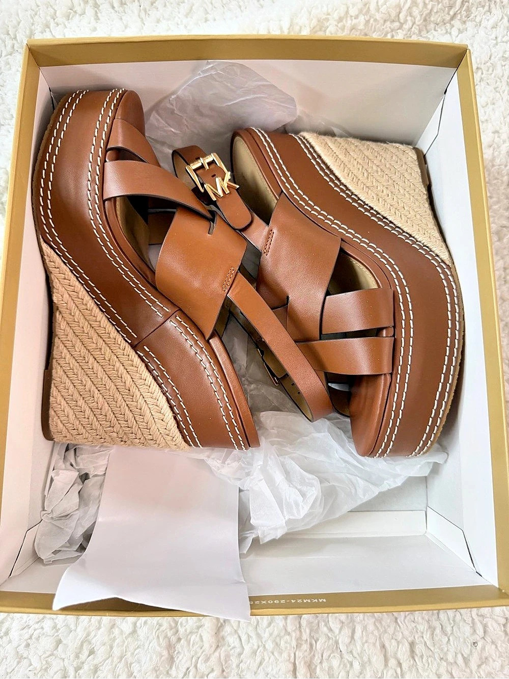 Michael Kors Nora Wedge Leather Wedge Sandals in luggage Brown US 7.5 M Like New